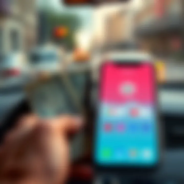 A side-by-side view of cash and a rideshare app on a smartphone, highlighting the choice between them.