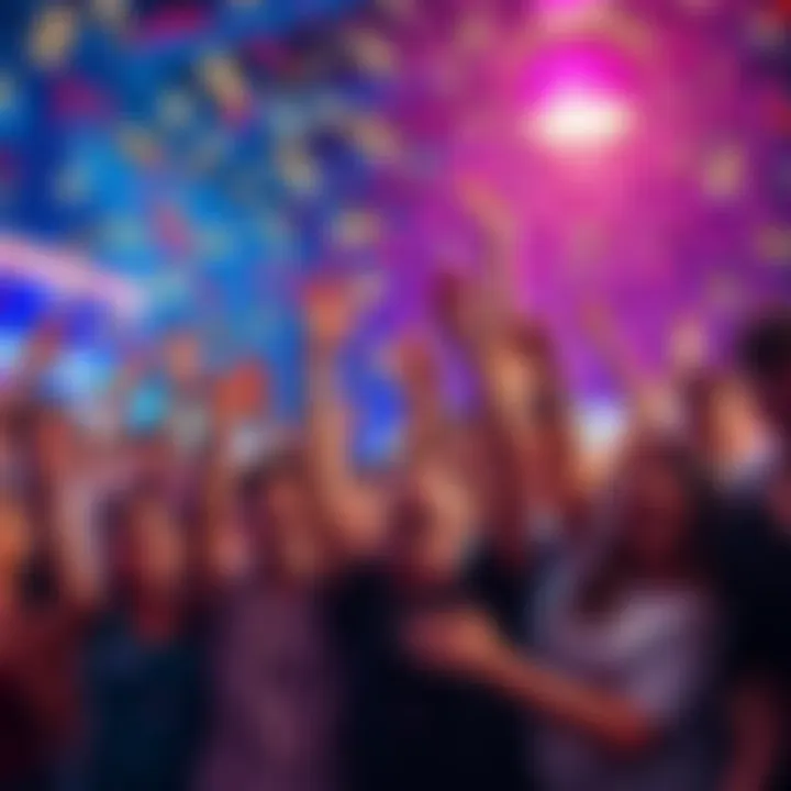 Group of excited people celebrating a huge cash win with dollar bills and confetti in the air.