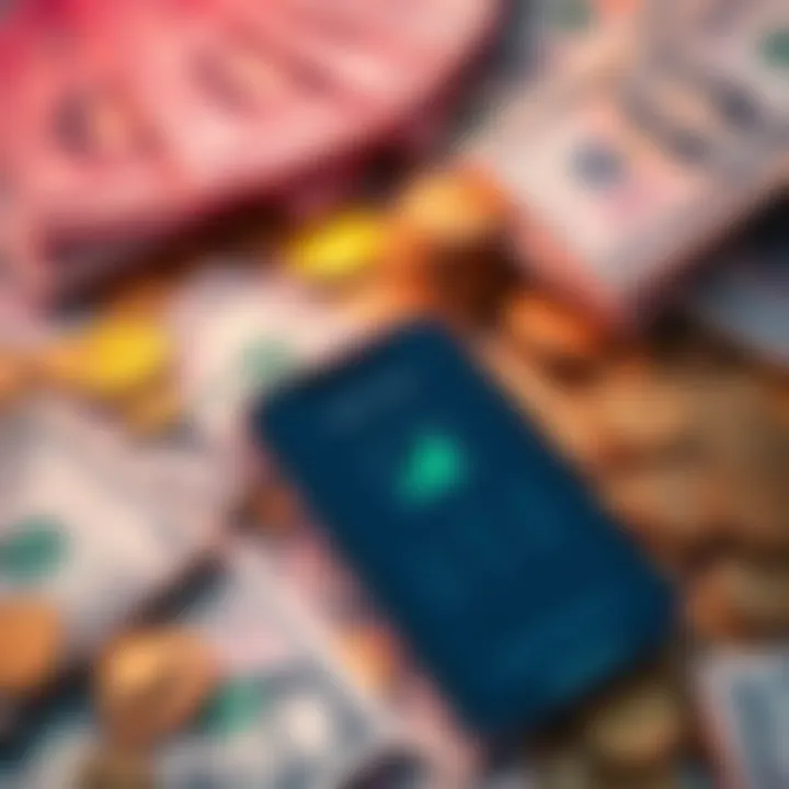 A mix of cash bills and coins alongside a smartphone displaying a digital wallet app, showcasing the contrast between traditional and digital currency.