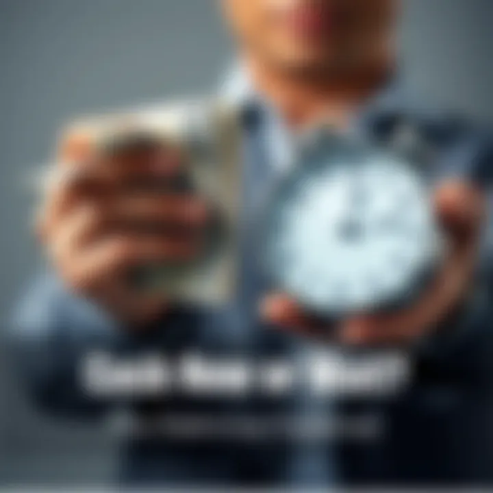 A person holding cash in one hand and a clock in the other, illustrating the choice between immediate cash and waiting for future benefits.