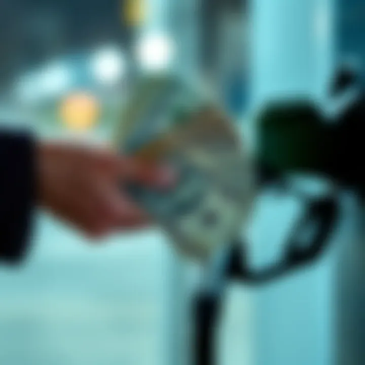 Cash in hand for gas A person holding cash in one hand and a gas pump nozzle in the other, symbolizing gas money transactions.