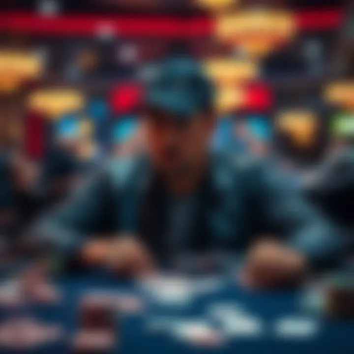 A focused player surrounded by poker chips and cards, strategizing during a cash game session.