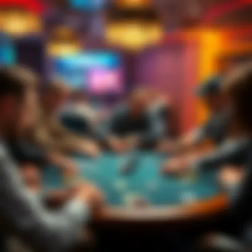 Players sitting around a cash game table, focused on their cards and chips, showcasing different stack sizes and competitive interaction.