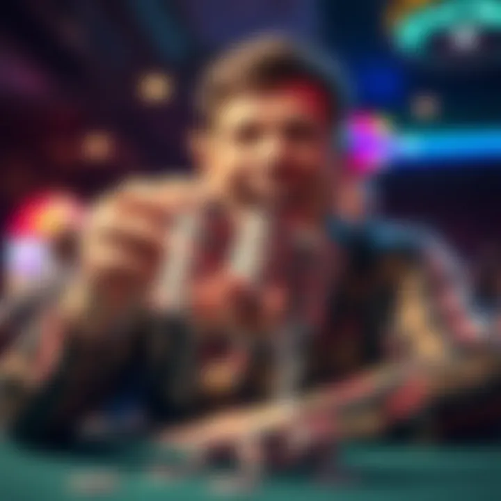 A thrilled player holding a stack of poker chips after winning big at a cash game session