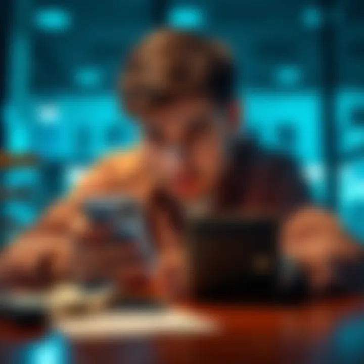 A person looking frustrated while checking their phone for cash out options with an empty wallet on the table.
