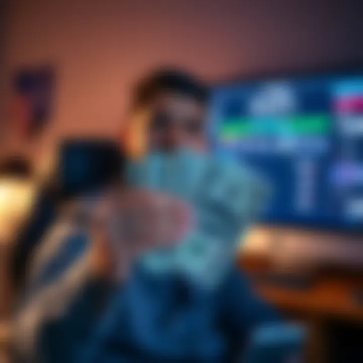 Person holding cash representing sub bonuses received, with a happy expression, and a computer screen in the background showing Plat1 status