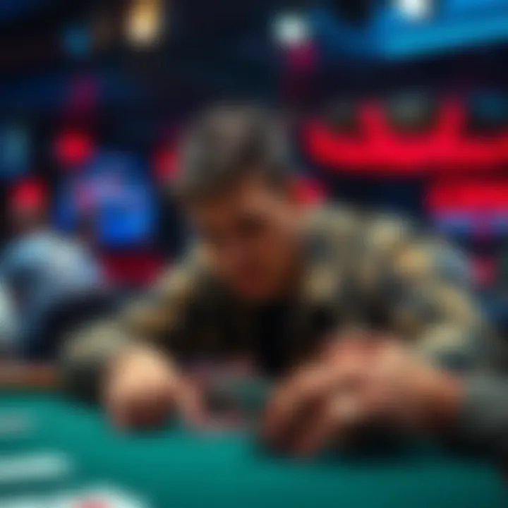 A cash game player contemplating their next move at a poker final table, focused on their cards and chips.