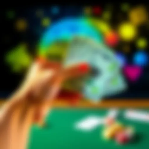 A hand holding cash with a gaming background showing dice and cards, symbolizing betting rewards.