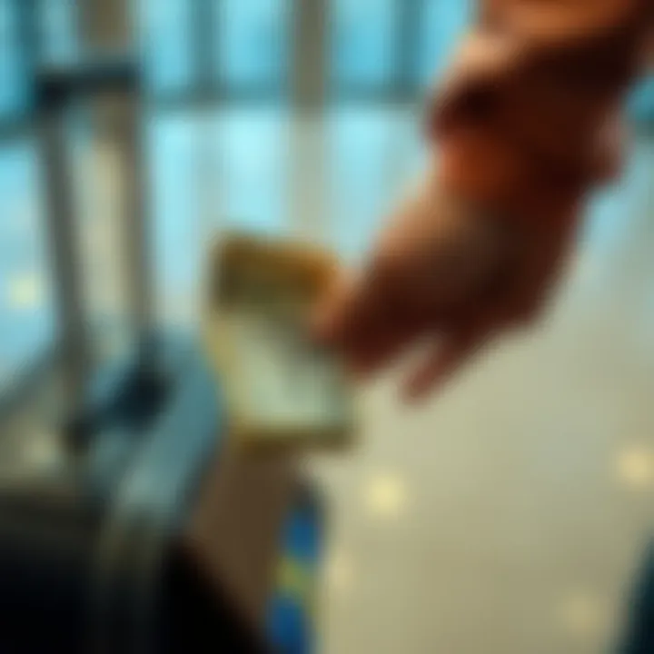 A person holding a stack of cash with a suitcase nearby, preparing for travel