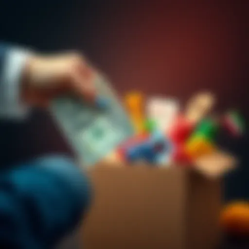 A hand holding cash alongside a donation box filled with various items, symbolizing the choice between cash contributions and material donations for charity.