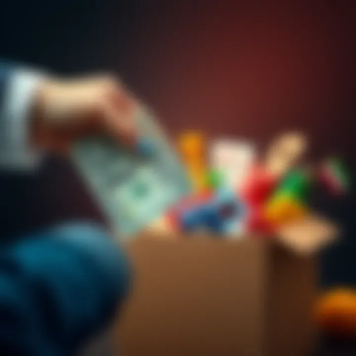 A hand holding cash alongside a donation box filled with various items, symbolizing the choice between cash contributions and material donations for charity.