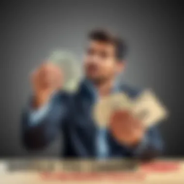 Cash vs. Investment Decision A person in a thoughtful pose weighing cash in one hand and investment papers in the other, symbolizing financial decision-making.