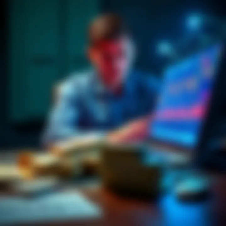 A person sitting at a desk, looking conflicted between a pile of cash and a stock chart on a laptop screen