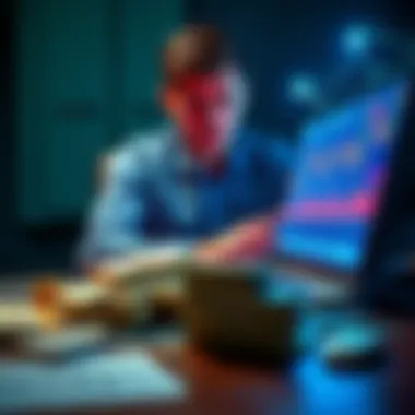 Cash vs Investments A person sitting at a desk, looking conflicted between a pile of cash and a stock chart on a laptop screen