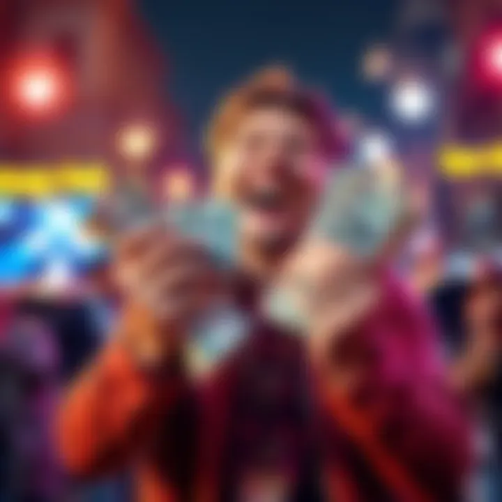 A person joyfully holding cash in their hands, smiling with excitement after a financial turnaround.