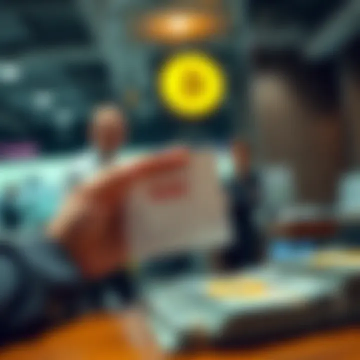 A person at a bank counter showing a withdrawal slip with Bitcoin logos beside cash stacks, representing cashing out cryptocurrency.