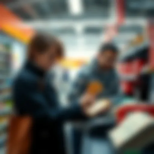 A cashier at Walmart counting lottery tickets with a concerned look on their face while a person watches closely.