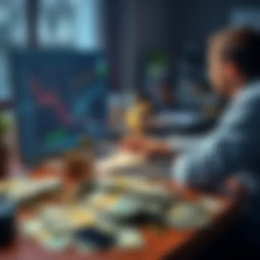 A person at a desk looking at financial charts and a laptop displaying cryptocurrency values, with a pile of cash on the table, representing significant crypto earnings.