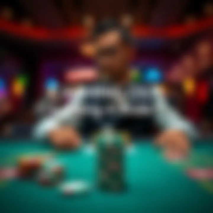 A person at a casino table weighing their options of cashing out their chips or continuing to gamble, with a stack of chips in front of them.