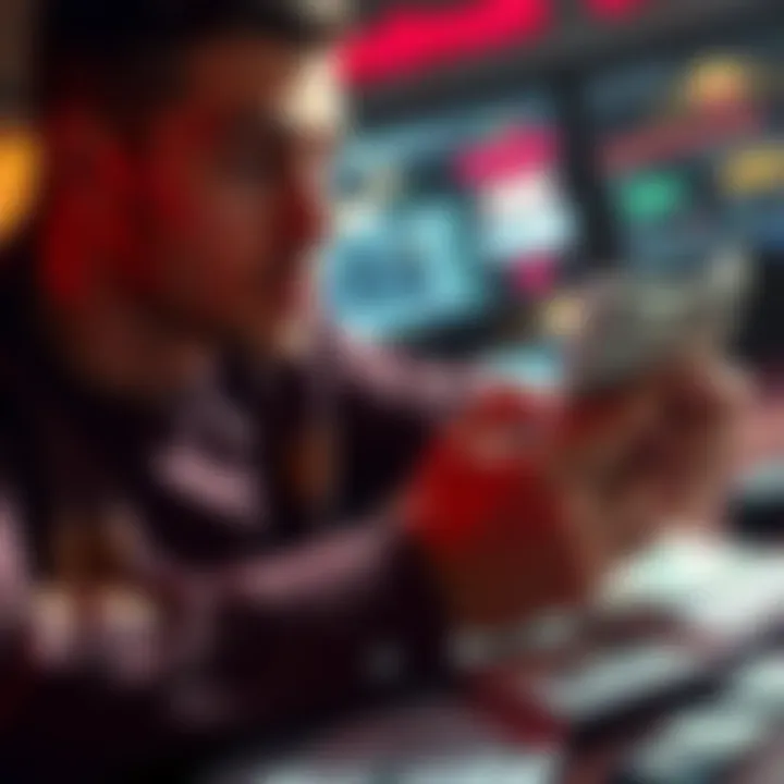 Cashing Out Winnings A person counting cash with a thoughtful expression, considering the decision to cash out winnings. Money and financial documents are spread on a table.