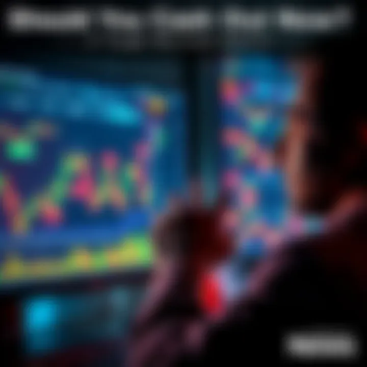 Cashing Out Investments A person contemplating cashing out their investments, staring at stock charts on a computer screen with a worried expression.