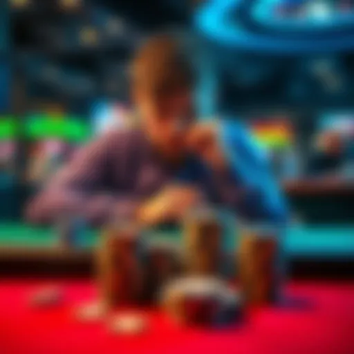 A person sitting at a poker table contemplating whether to cash out their chips or keep playing, with a stack of chips and cash in front of them.