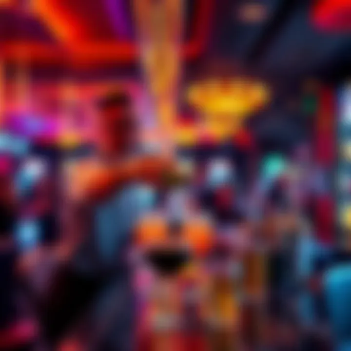 Casino bartender serving drinks A bartender at a busy casino bar pouring a cocktail for a guest