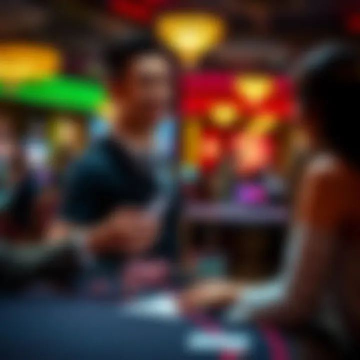 A casino dealer smiling as a player hands them a tip at a gaming table