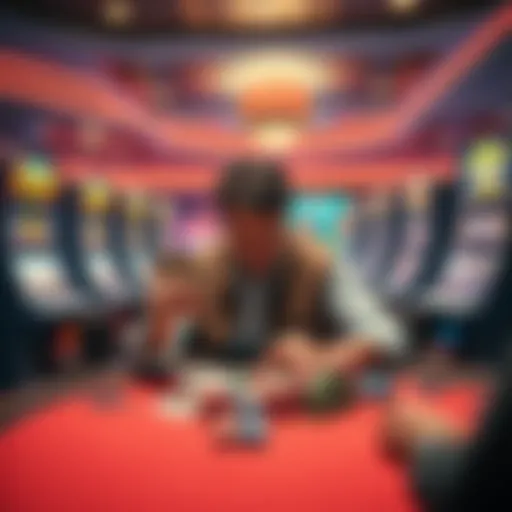 A person sitting at a casino table looking stressed while holding bills and chips, surrounded by slot machines and poker chips.