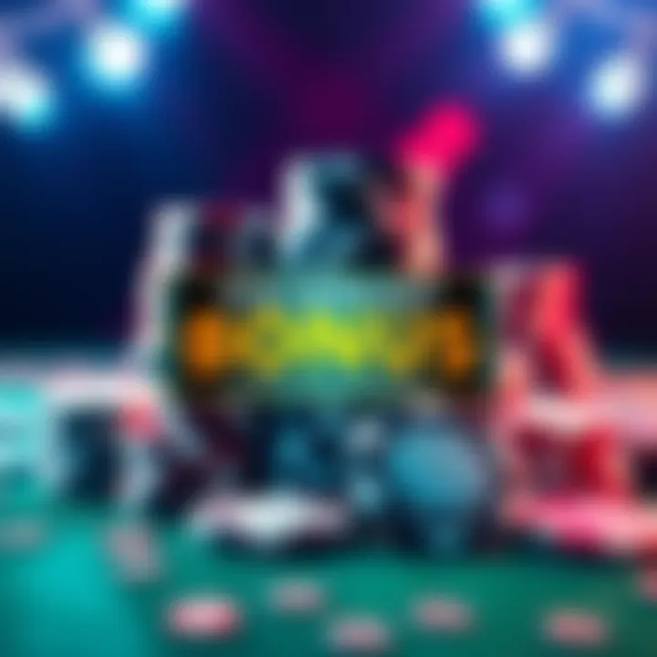 A stack of casino chips and playing cards with a banner showing bonus offers