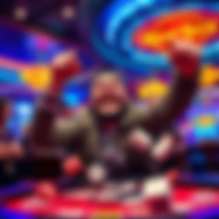 A player at Hard Rock Fire Mountain Casino celebrating a successful dice roll with excitement and joy, surrounded by friends and colorful casino lights.