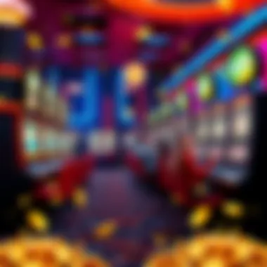 A vibrant casino scene showcasing various slot machines with bright lights, coins, and excited players aiming to win big