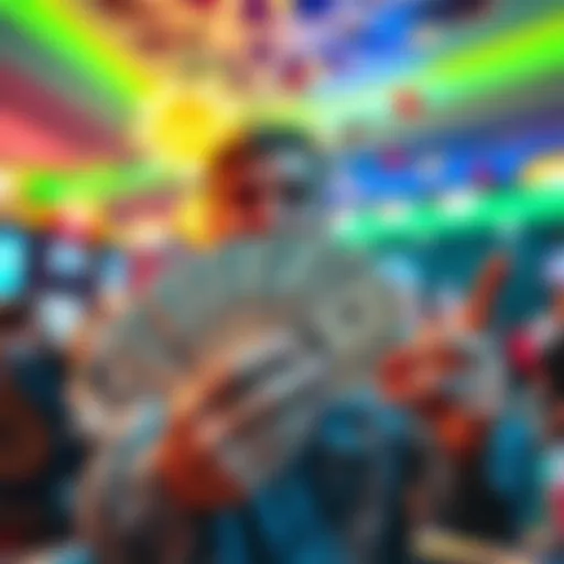 A person looks excited holding a stack of cash with casino chips and cards in the background, celebrating a big win.