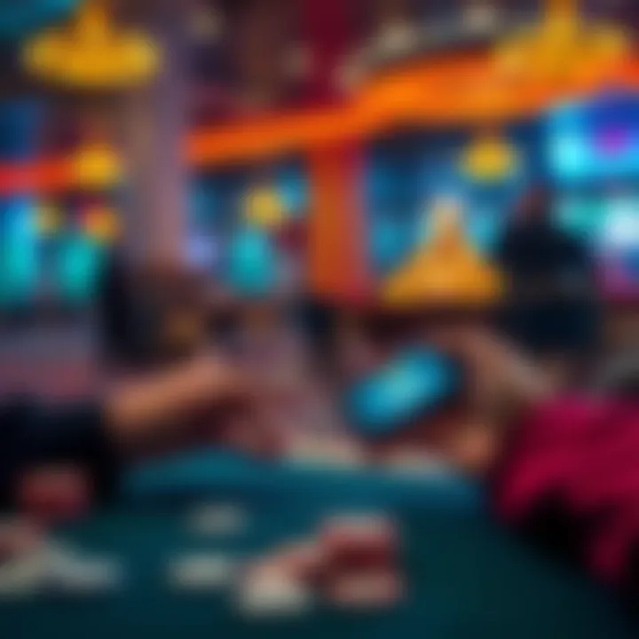 Casino app on smartphone A person using a mobile app to strategize casino games while sitting at a table with chips and cards.