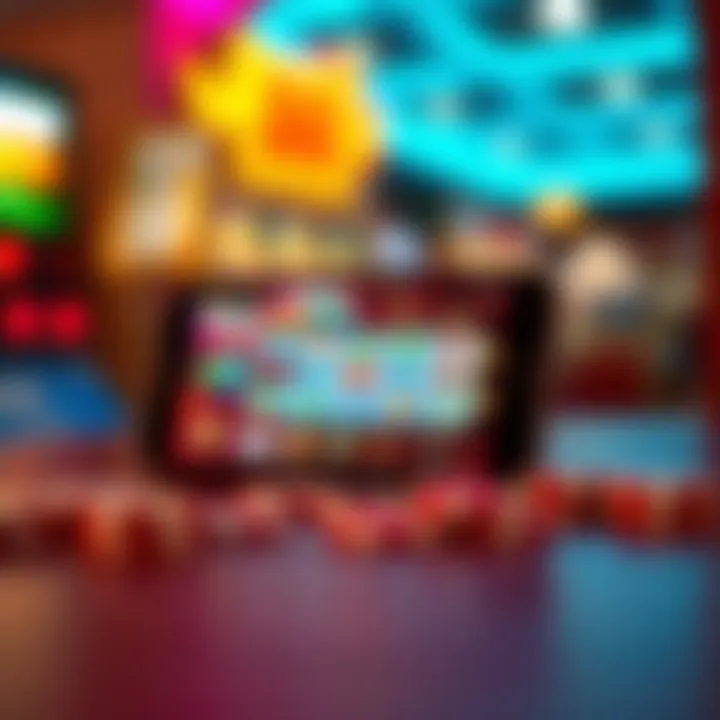 A smartphone displaying casino app interface with colorful graphics and slot machine symbols.