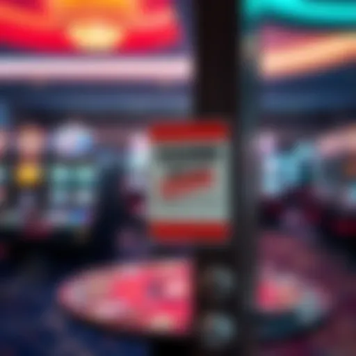 A notice on a casino door indicating a person is banned, with a background of slot machines and gaming tables
