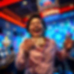 A joyful person celebrating a big win at the casino after a small bet, holding a ticket with winnings in their hand.
