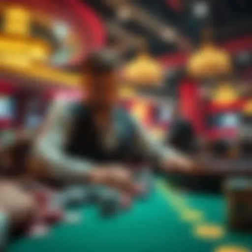 A person placing a large bet at a casino table, surrounded by chips and focused on the dealer.