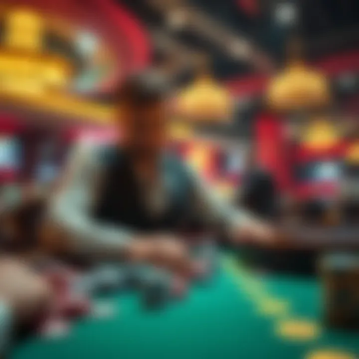 A person placing a large bet at a casino table, surrounded by chips and focused on the dealer.