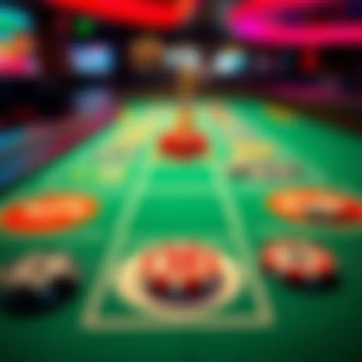 A close-up of a casino betting table showing chips placed on the 5 and 9 areas