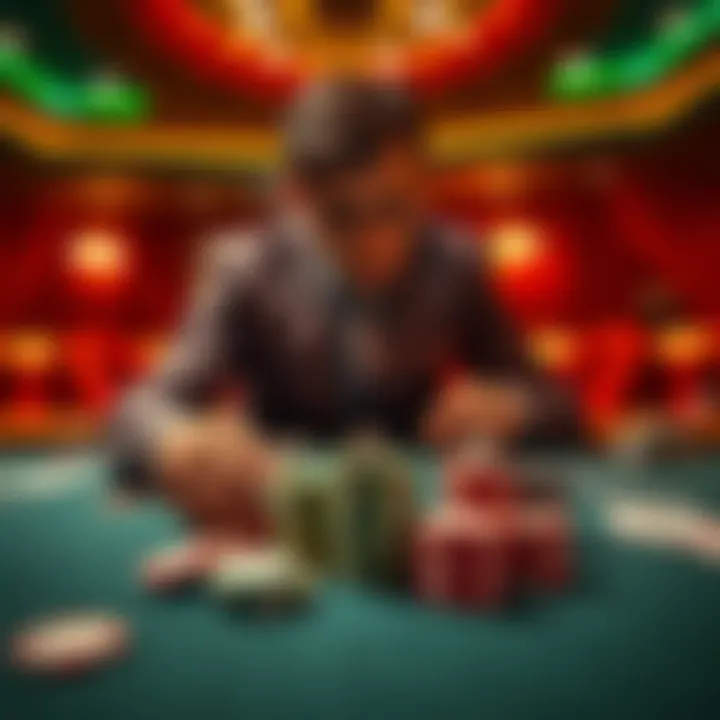 A person placing a small bet of 0.25 units on a casino betting table surrounded by chips and cards, looking determined to continue playing despite previous losses.
