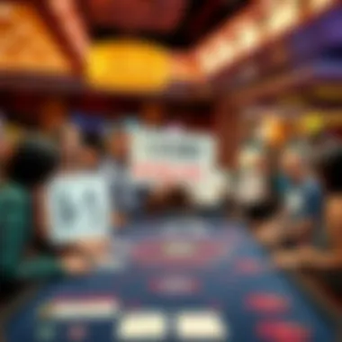 Casino Blackjack Table Protest People standing together at a casino blackjack table with signs protesting against 6-5 blackjack games, demanding better options, in a vibrant casino setting.