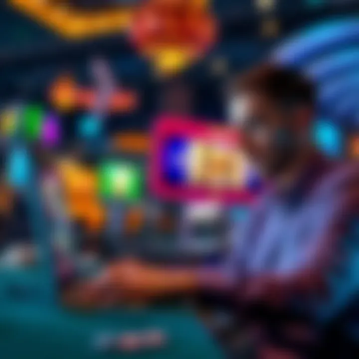 A player analyzing different casino bonuses with a laptop and casino game graphics on the screen.