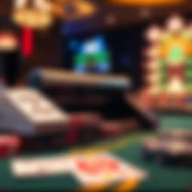 Casino card shuffling machine in action A close-up view of a card shuffling machine mixing decks of cards at a casino table.