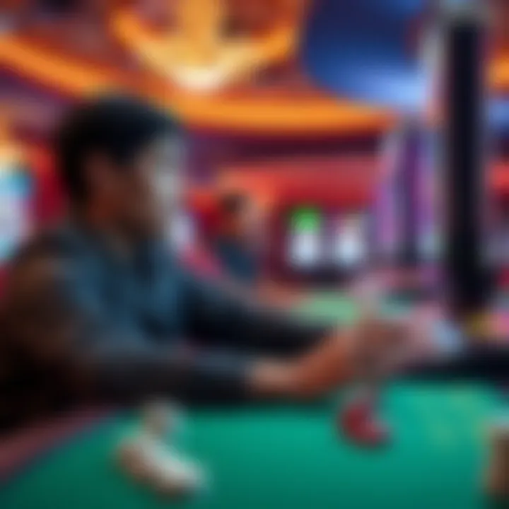 A person sitting at a casino table, holding casino chips and looking at a cash-out machine, focused on making a decision.
