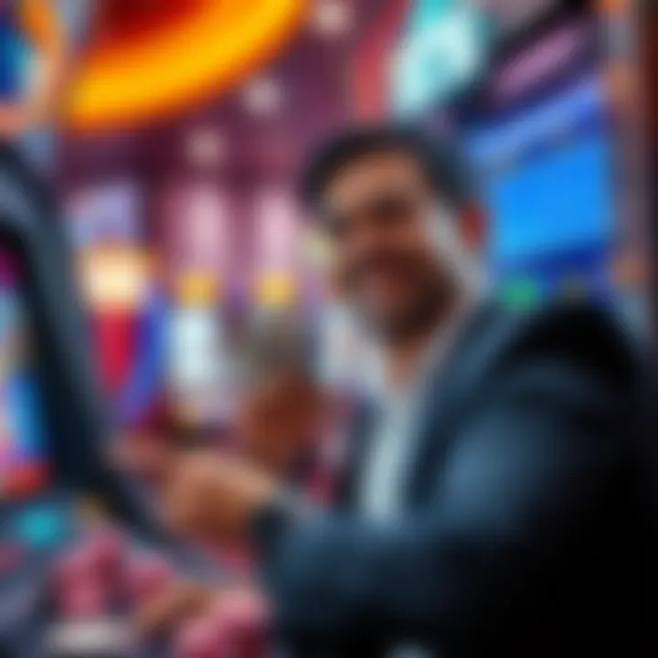 A person withdrawing cash from a casino ATM with a satisfied expression, surrounded by gaming chips and cards.