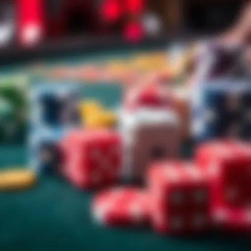 Close-up of colorful casino chips and dice on a gaming table