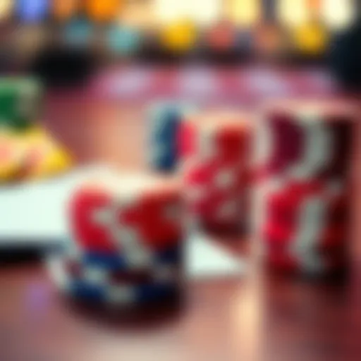 A close-up of colorful casino chips stacked next to a betting slip on a wooden table