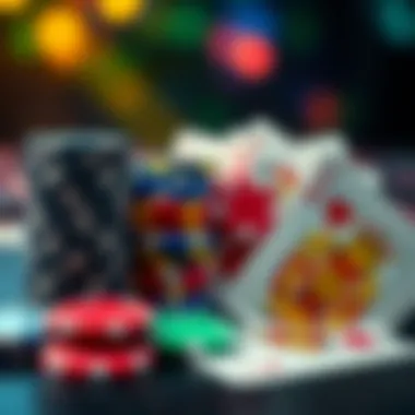 Close-up of colorful casino chips stacked next to playing cards, representing gambling and playthrough requirements at WowVegas