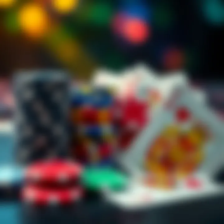Close-up of colorful casino chips stacked next to playing cards, representing gambling and playthrough requirements at WowVegas